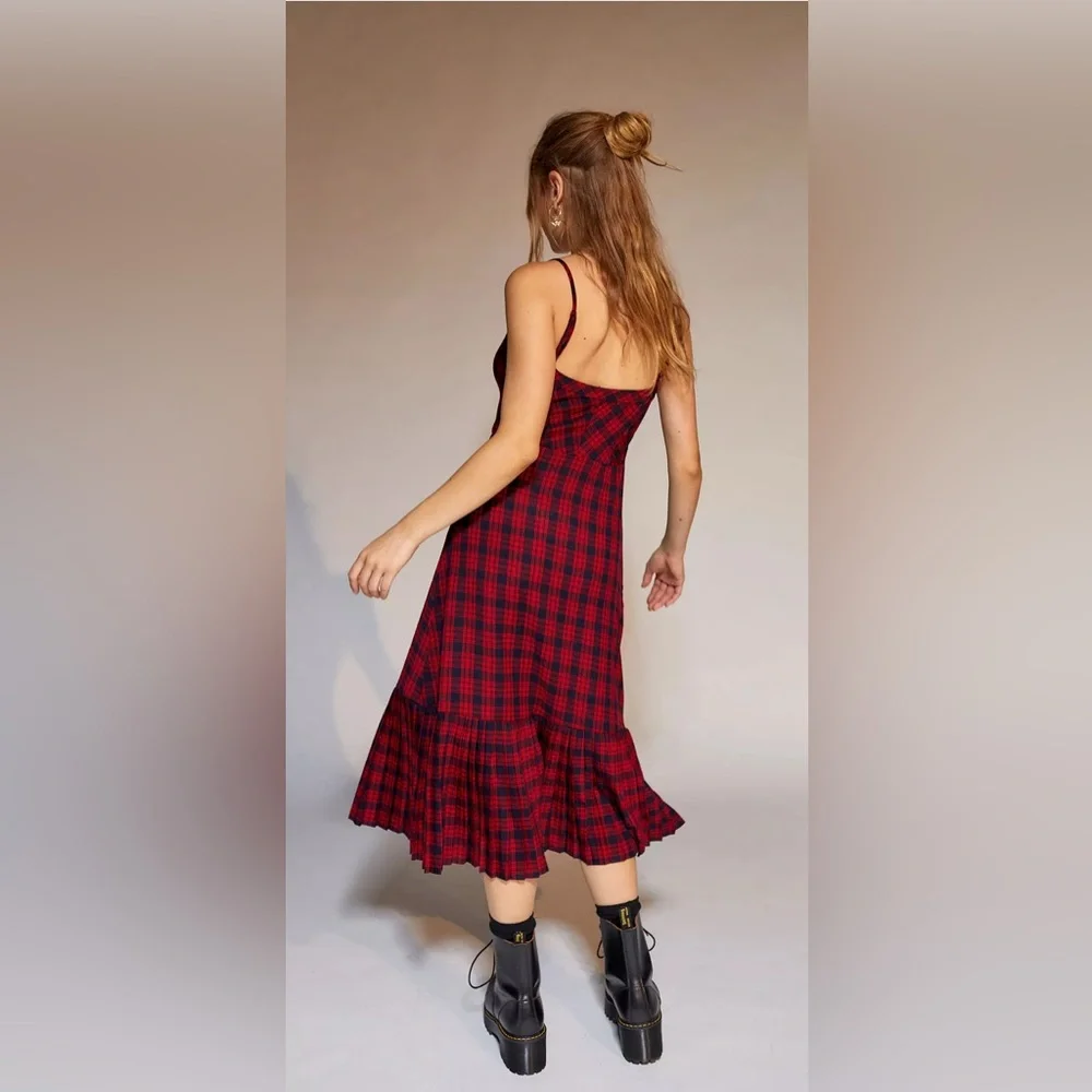 Urban Outfitters Waldorf Red & Black Plaid Pleated Flannel Slip Midi Dress - Picture 7 of 7